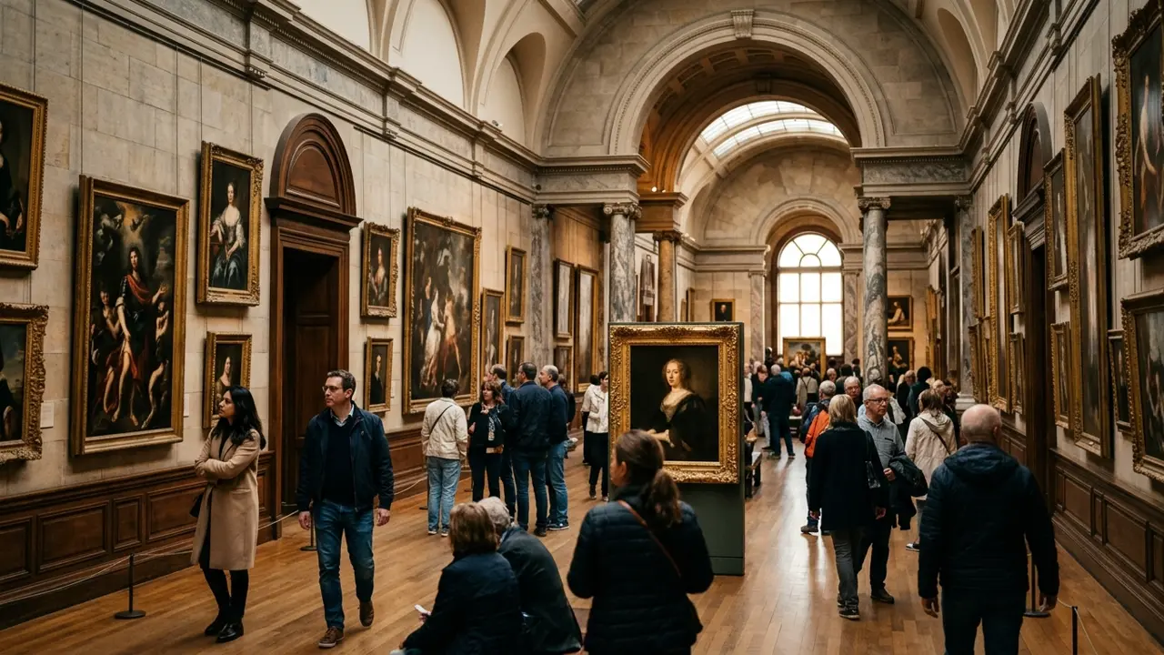 Galerie muséale de l'ASSOCIATION IKONOTEKA accueillant des visiteurs contemplant des toiles européennes